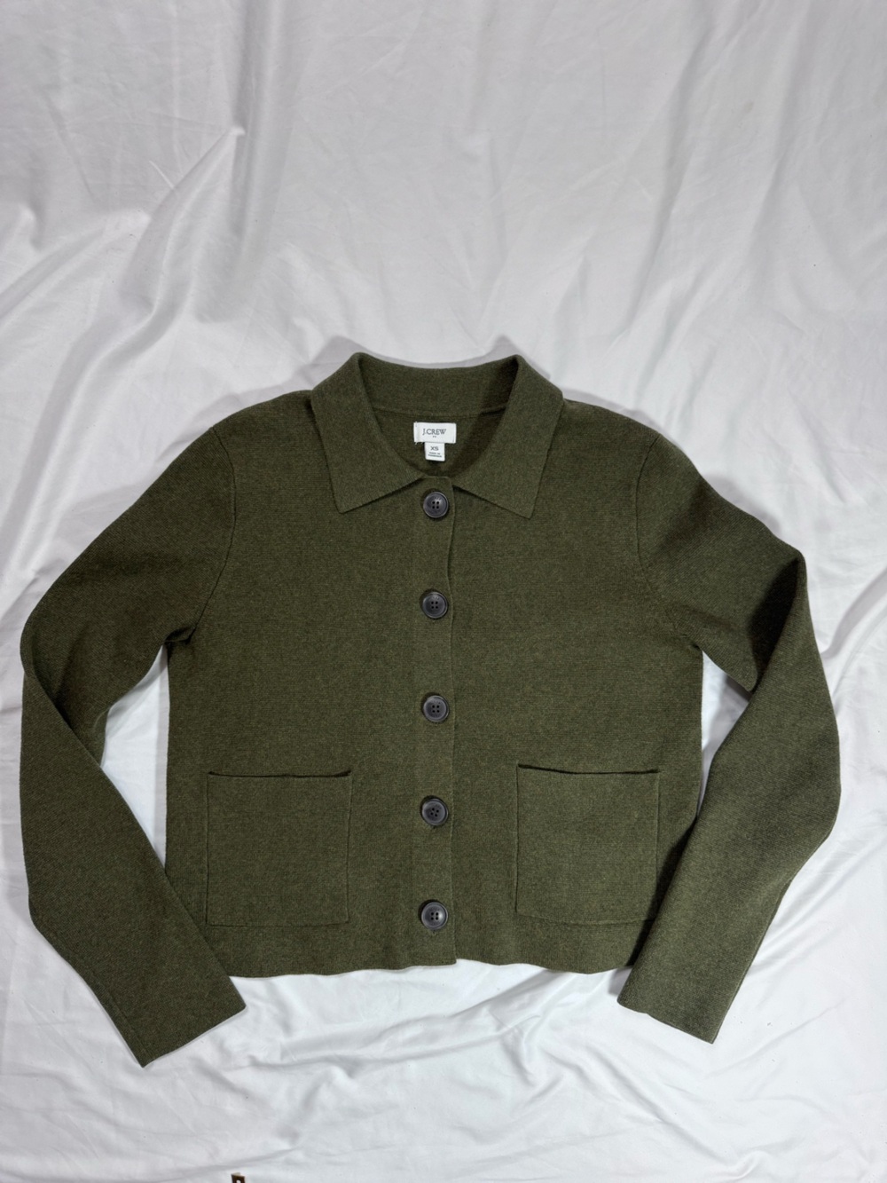 J. Crew Olive Green Button-Front 100% cotton Collared Cardigan